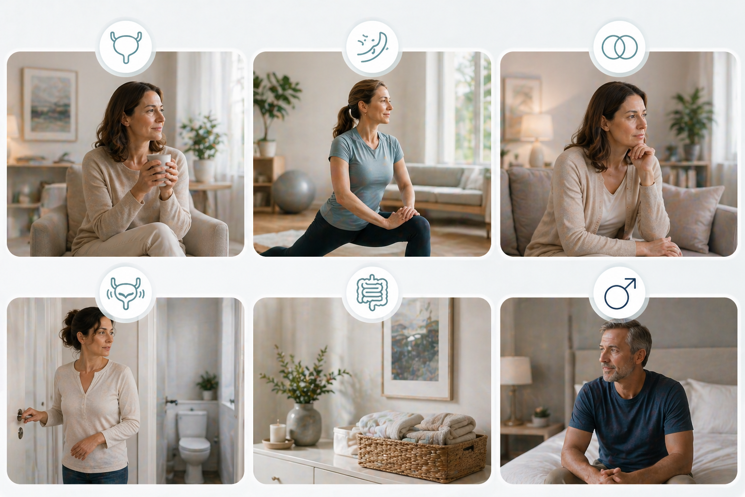 A simple, calming illustration of a person sitting cross-legged with a gentle smile, surrounded by soft shapes representing support and care.